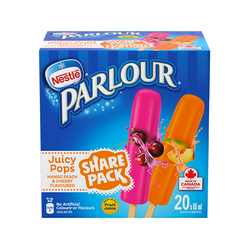 Pops au jus, mangue et pêche et cerise, pops glacés à saveur de fruits