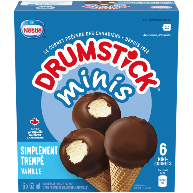 DRUMSTICK Minis Simply Dipped Cônes du désert surgelés à la vanille, emballage multiple, 6 x 60 ml.