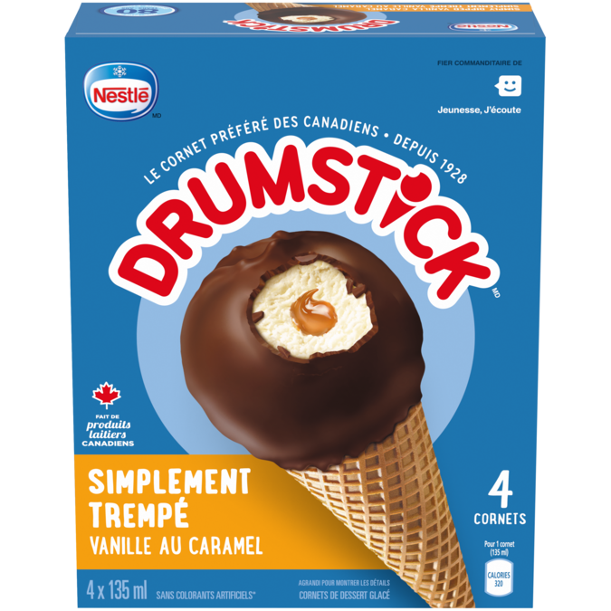 DRUMSTICK Cônes du désert surgelés simplement trempés à la vanille et caramel, emballage multiple, 4 x 135 ml