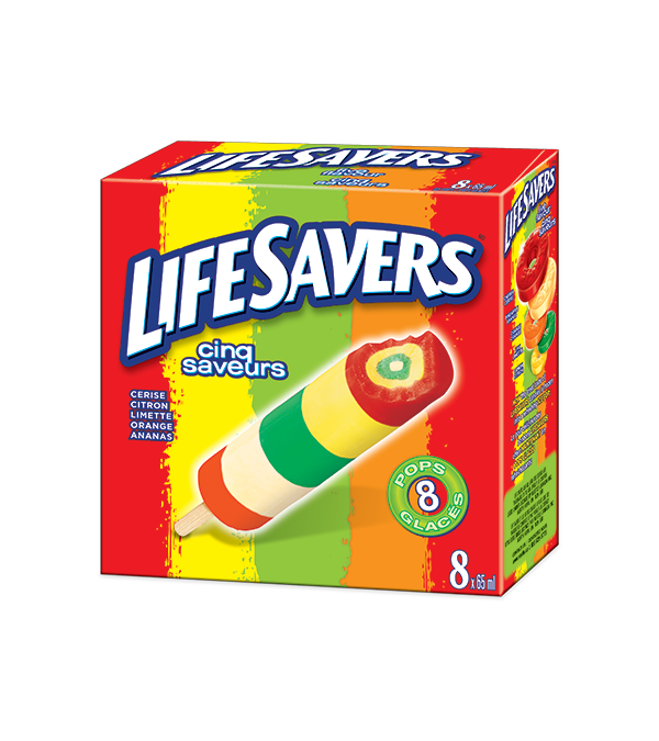 LIFESAVERS Cherry, Lemon, Lime, Orange, and Pineapple-flavored ice pop. 8 x 65 ml portions.