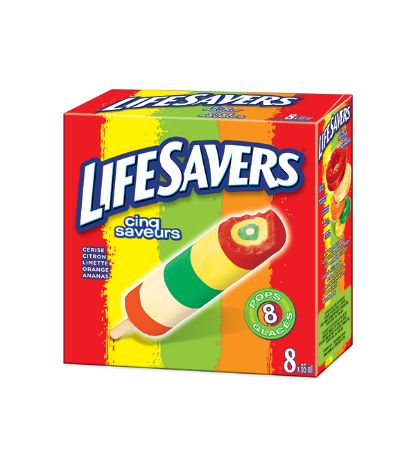 LIFESAVERS Cherry, Lemon, Lime, Orange, and Pineapple-flavored ice pop. 8 x 65 ml portions.