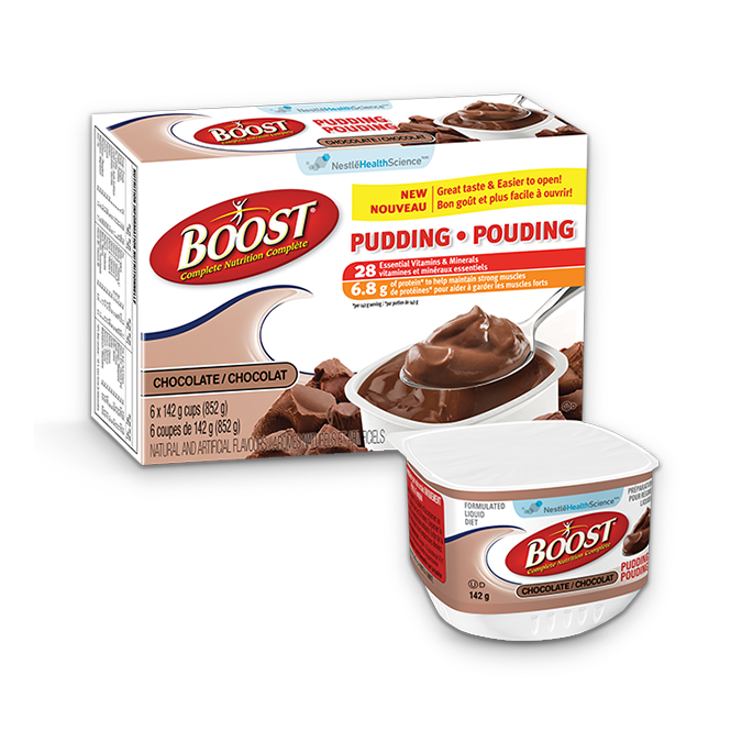Title text placeholder BOOST Chocolate Pudding, 6 tasses de 142 grammes.