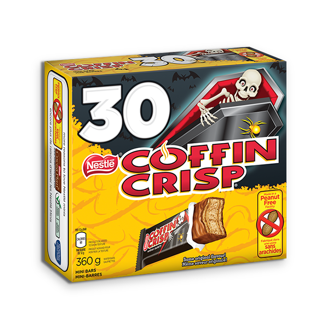 Title text placeholder Mini chocolat COFFIN CRISP, 30 unités avec emballages prêts pour Halloween, 30 portions de 12 grammes.