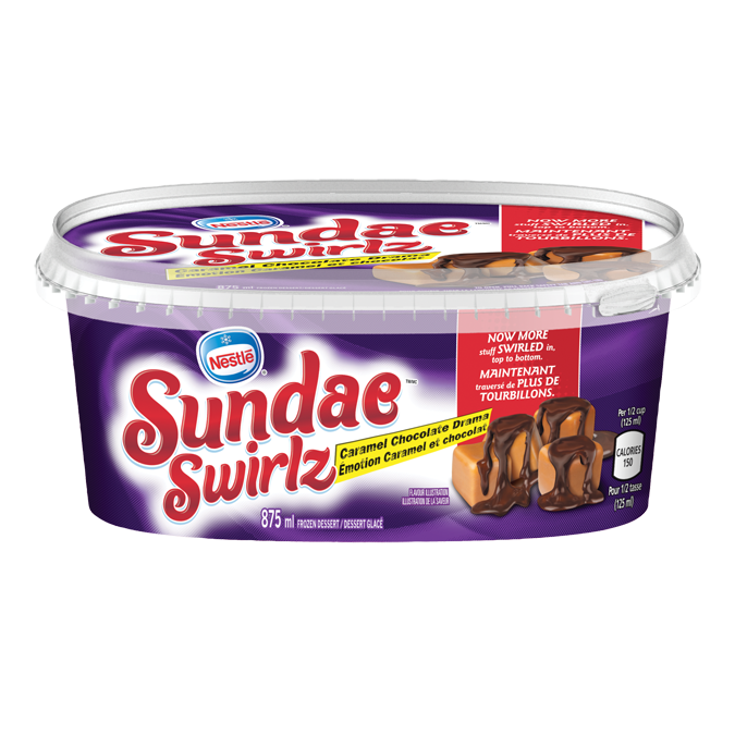 Title text placeholder SUNDAE SWIRLZ Caramel Chocolate Drama Ice Cream, 875 ml.