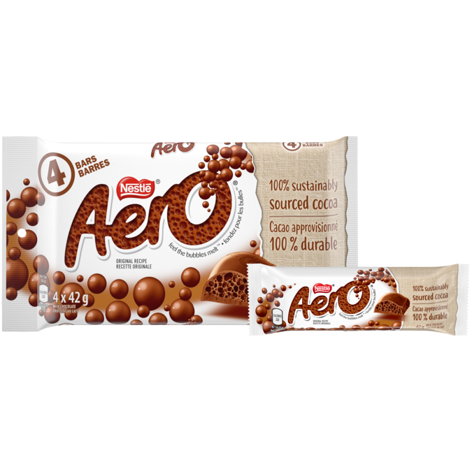Chocolat au lait AERO, conditionnement multiple, 4 portions de 42 grammes. 100% de cacao issu de sources durables.