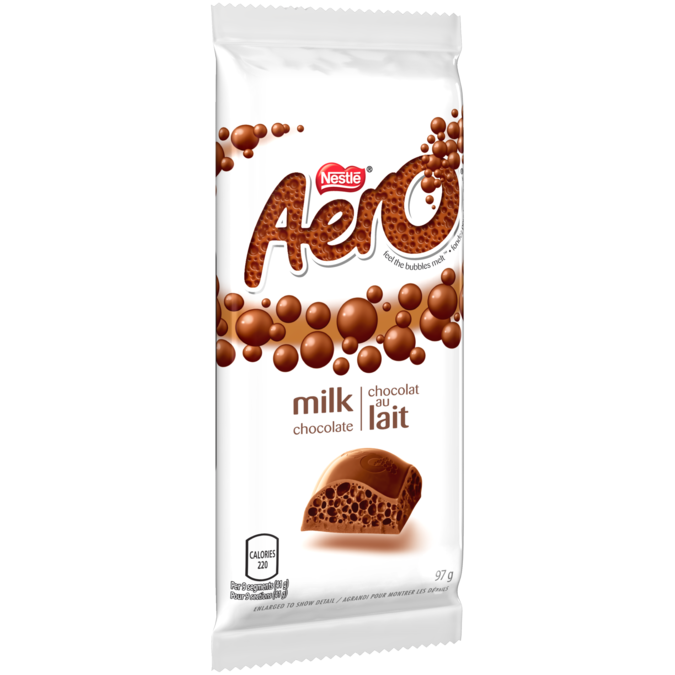 Barre de chocolat au lait AERO, 97 grammes.