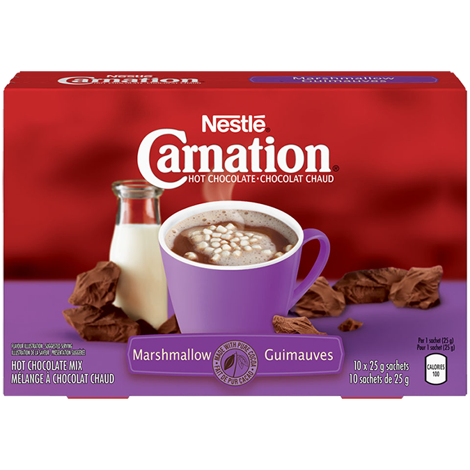 Title text placeholder CARNATION Hot Chocolate Marshmallow Powder, 10 x 25 gram sachets.