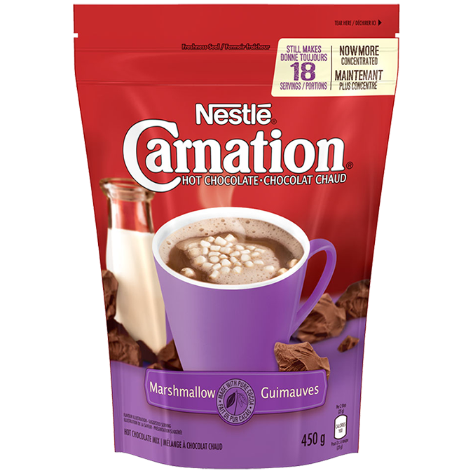 Title text placeholder CARNATION Hot Chocolate Marshmallow Powder, 450 grams makes 18 servings.