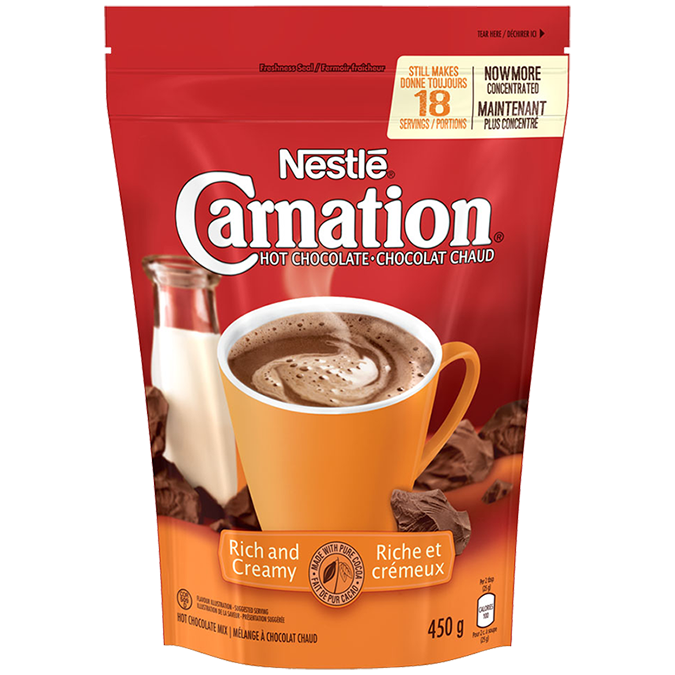Title text placeholder CARNATION Hot Chocolate Rich and Creamy Powder, 450 grams.