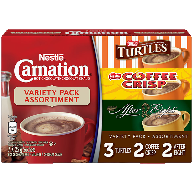 Title text placeholder CARNATION, Poudre de chocolat chaud aromatisé, 7 sachets de 25 g.
