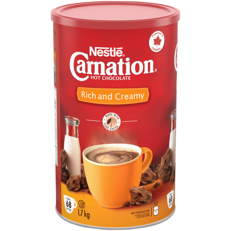 CARNATION Poudre de chocolat chaud riche et crémeuse. 1,7 kg donne 68 portions.