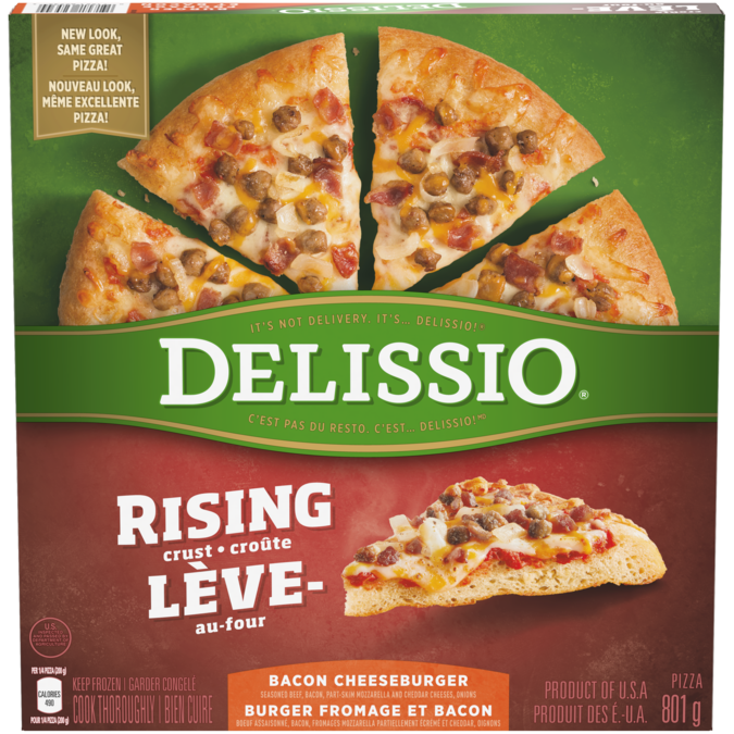DELISSIO Rising Crust Bacon Cheeseburger Pizza, 801 grams.
