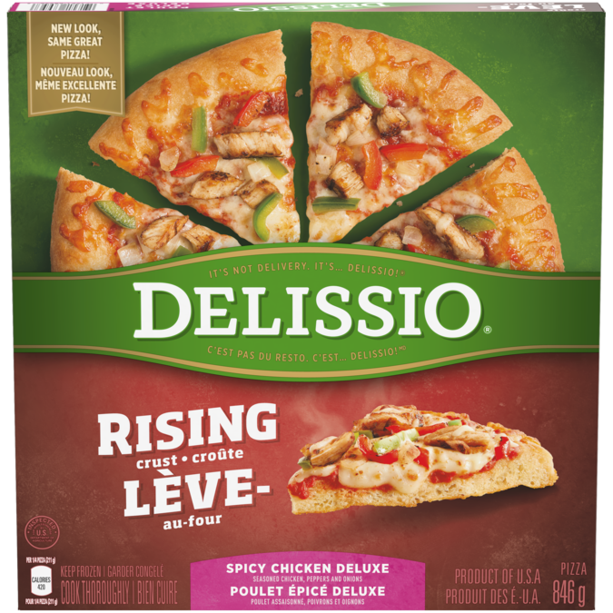 DELISSIO Rising Crust Spicy Chicken Deluxe Pizza, 846 grams.