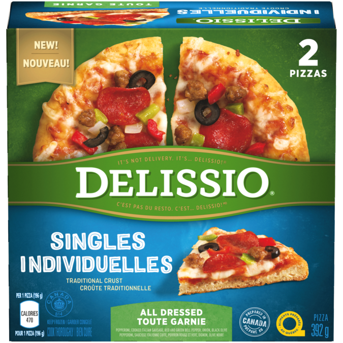 Title text placeholder DELISSIO Singles Traditional Crust Pizza All Dressed Pizza. 2 x 392 gram portions.