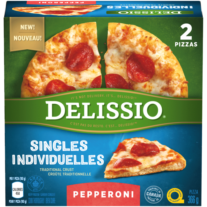 Title text placeholder DELISSIO Pizza au pepperoni pour célibataires, 2 x 183 grammes.
