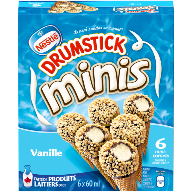 Title text placeholder DRUMSTICK Minis Vanilla Mini Cônes du désert surgelés, emballage multiple, 6 x 60 ml.