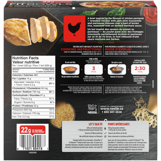 Bols Fit STOUFFER'S, poulet parmesan, ingrédients et informations nutritionnelles.
