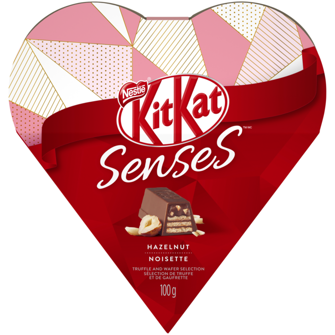 Title text placeholder KIT KAT Senses Hazelnut Chocolate, 100 grams in heart shaped Valentines box.