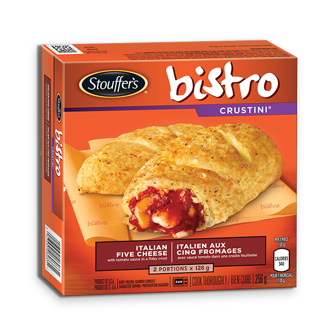 Title text placeholder STOUFFER'S BISTRO Crustini Italian Five Cheese, 2x 128 gram portions.