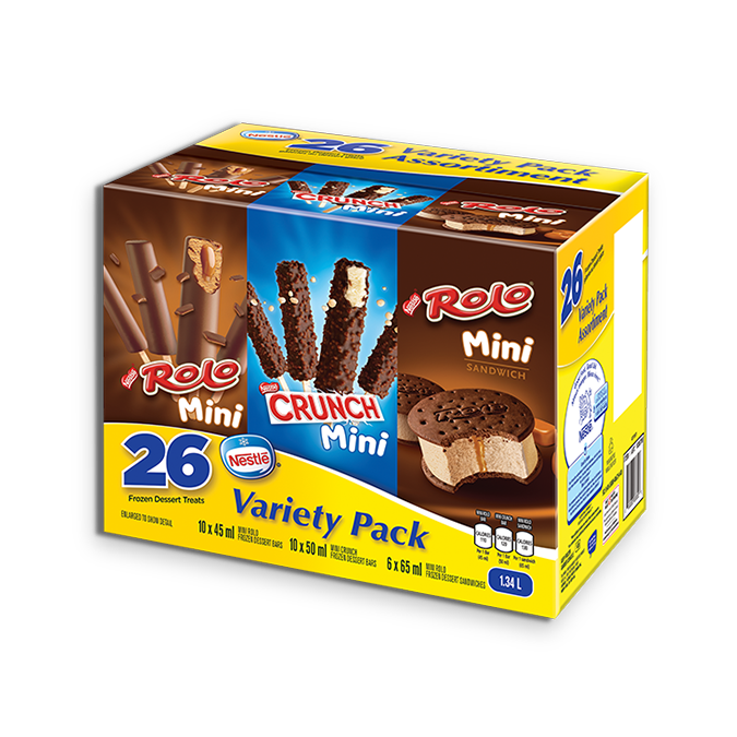 Confectionery Frozen Variety Pack: 10 x 45 ml Rolo bars, 6 x 65 ml Rolo Sandwiches, 10 x 50 ml Crunch bars.