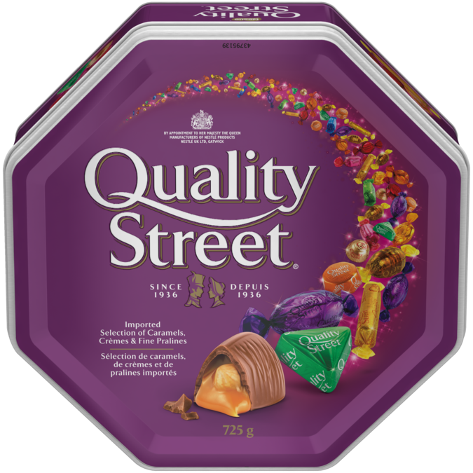 Title text placeholder QUALITY STREET Celebration Tin, 725 grams. Assortment of caramels, crèmes, and chocolate pralines.