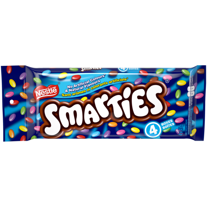 SMARTIES candy-coated milk chocolate, multipack, 4 x 45 grams.
