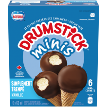 DRUMSTICK Minis Simply Dipped Cônes du désert surgelés à la vanille, emballage multiple, 6 x 60 ml.