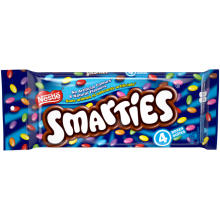 Chocolat au lait enrobé de bonbons SMARTIES, conditionnement multiple, 4 x 45 grammes.