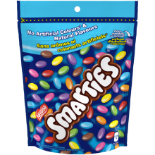 Chocolat au lait enrobé de bonbons SMARTIES, sachet refermable, 203 grammes.