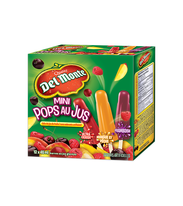 Title text placeholder DEL MONTE, Mini Juice Pops. 12 x 45 ml. Assortiment de saveurs de vrais fruits.