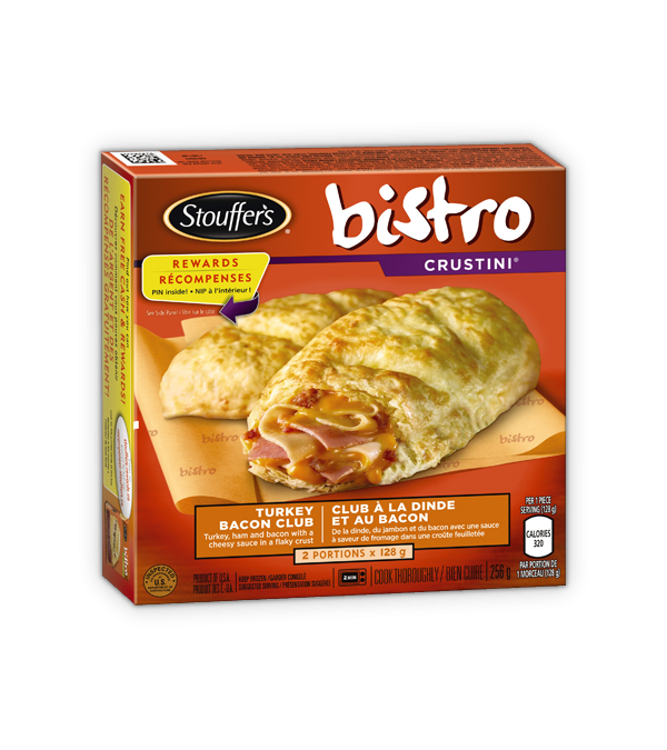 Title text placeholder STOUFFER'S BISTRO Crustini Turkey Bacon Club, 2x portions de 128 grammes.
