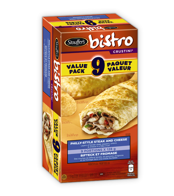 Title text placeholder STOUFFERS Bistro Crustini Philly-Style Steak and Cheese Paquet économique, 9 portions de 128 grammes.