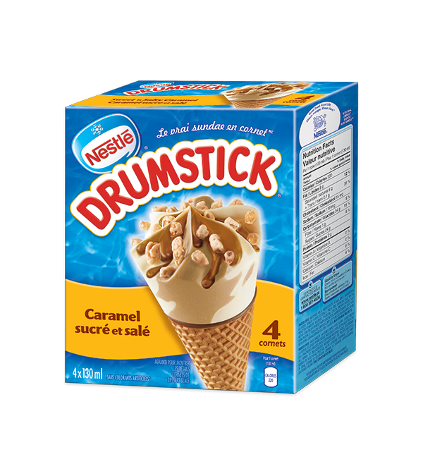 Title text placeholder DRUMSTICK Cornets de dessert glacé sucré et salé au caramel, emballage multiple, 4 x 130 ml.