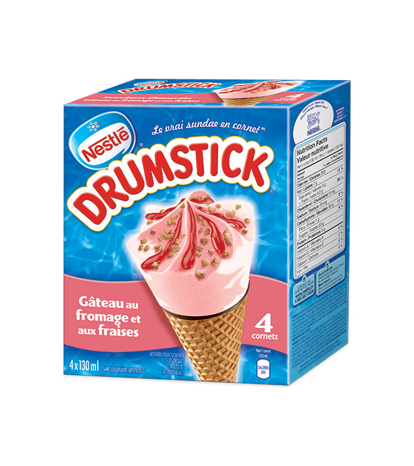 Title text placeholder DRUMSTICK Cônes du désert surgelés de gâteau au fromage aux fraises, emballage multiple, 4 x 130 ml.