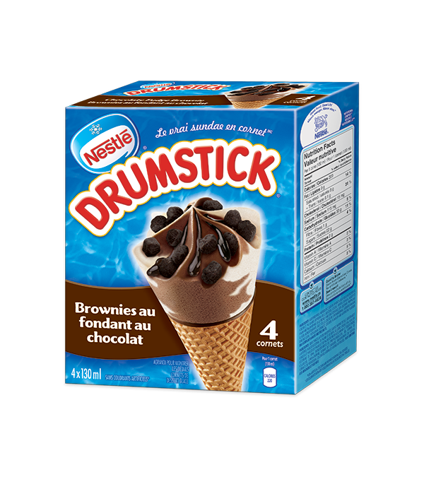 Title text placeholder DRUMSTICK Cônes du désert surgelés au chocolat et au fudge Brownie, emballage multiple, 4 x 130 ml.