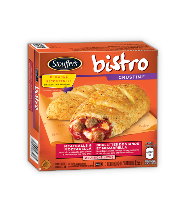 Title text placeholder STOUFFERS Bistro Crustini, boulettes de viande et Mozarella, 2 portions x 128 grammes