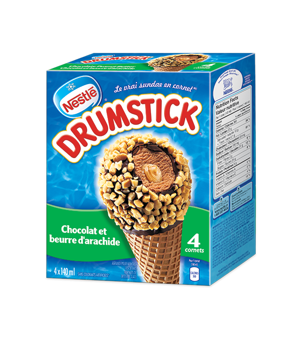Title text placeholder DRUMSTICK Cornets du désert surgelés au beurre d'arachide au chocolat, emballage multiple, 4 x 140 ml.