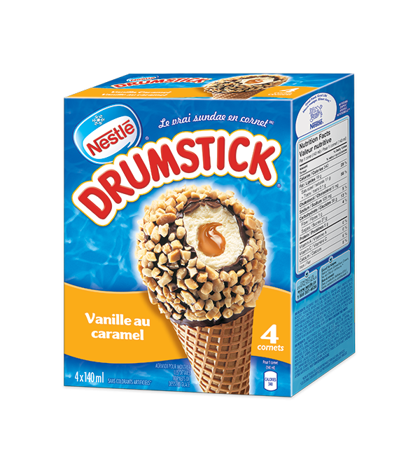 Title text placeholder DRUMSTICK Cônes du désert surgelés à la vanille et caramel, emballage multiple, 4 x 140 ml.