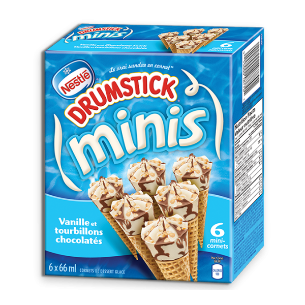 Title text placeholder DRUMSTICK Minis Vanille avec cônes du désert surgelés tourbillon chocolaté, emballage multiple, 6 x 66 ml
