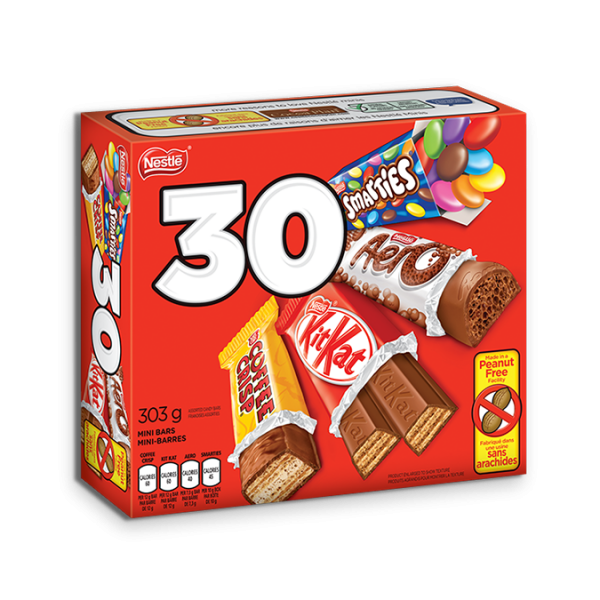 Title text placeholder NESTLÉ minis, 30 count, 303 grams. A delicious mix of KIT KAT, AERO, SMARTIES, and COFFEE CRISP in a treat-sized form.