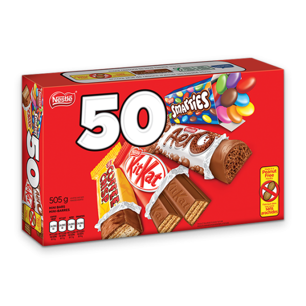 Title text placeholder NESTLE Minis 50 count with KIT KAT, AERO, SMARTIES and COFFEE CRISP.