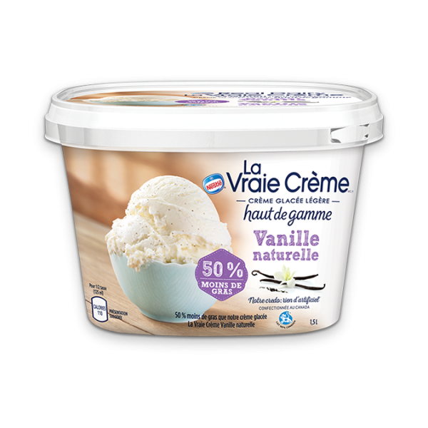 Title text placeholder REAL DAIRY Crème glacée à la vanille naturelle 50% moins de gras, 1,5 litre.