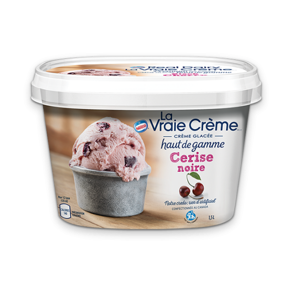 Title text placeholder REAL DAIRY Crème glacée à la cerise noire, 1,5 litre.