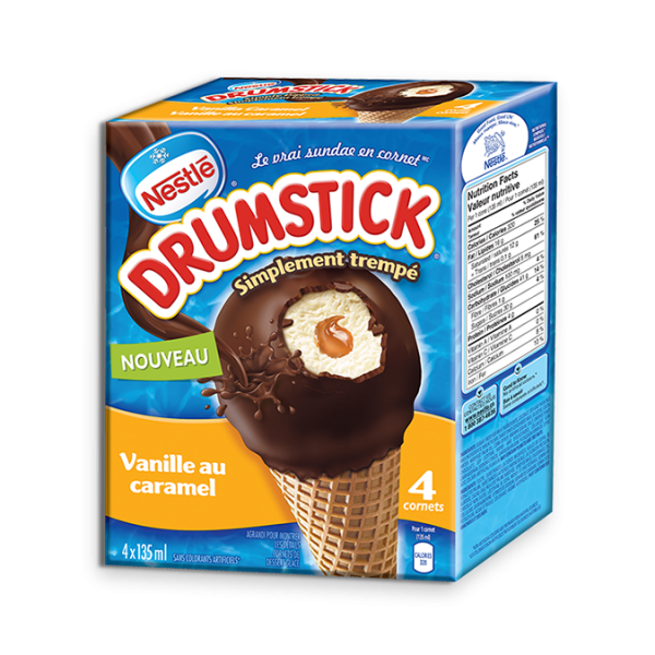 Title text placeholder DRUMSTICK Cônes du désert surgelés simplement trempés à la vanille et caramel, emballage multiple, 4 x 135 ml