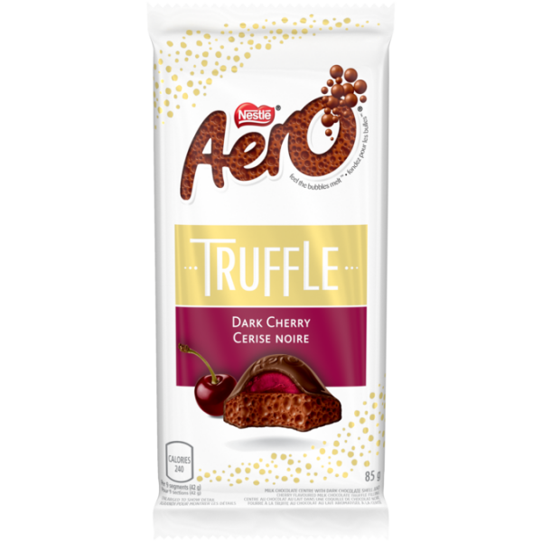Title text placeholder Barre de chocolat à grosses bulles AERO à la truffe de cerise noire, 85 grammes.