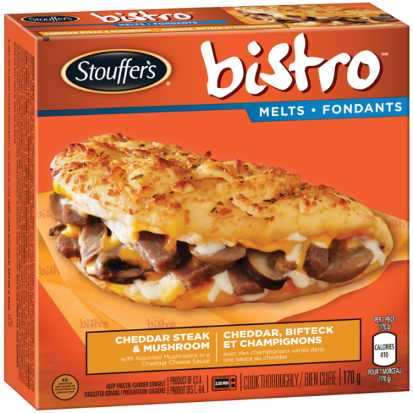 Title text placeholder STOUFFER'S BISTRO fait fondre le bifteck de cheddar et les champignons, 170 grammes.