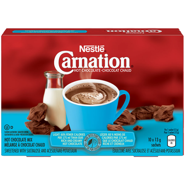 Title text placeholder CARNATION Hot Chocolate Light Powder, 10 x 13 grams sachets.