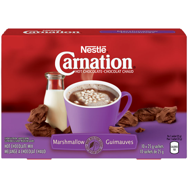 Title text placeholder CARNATION Hot Chocolate Marshmallow Powder, 10 x 25 gram sachets.