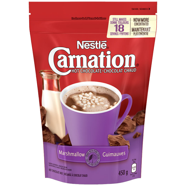 Title text placeholder CARNATION Hot Chocolate Marshmallow Powder, 450 grams makes 18 servings.