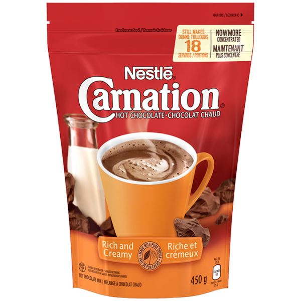 Title text placeholder CARNATION Hot Chocolate Rich and Creamy Powder, 450 grams.